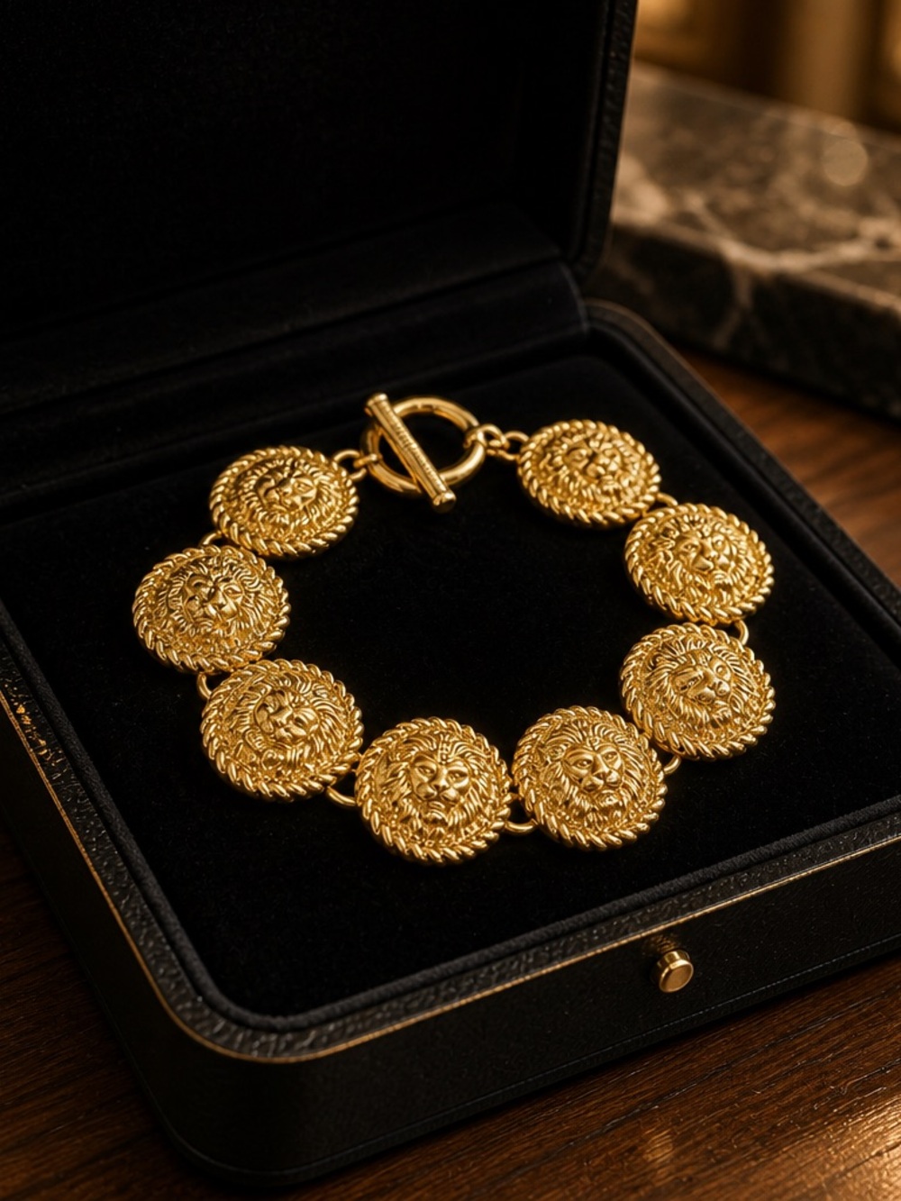 Gold Lion Medallion Bracelet - Women's Statement Jewelry